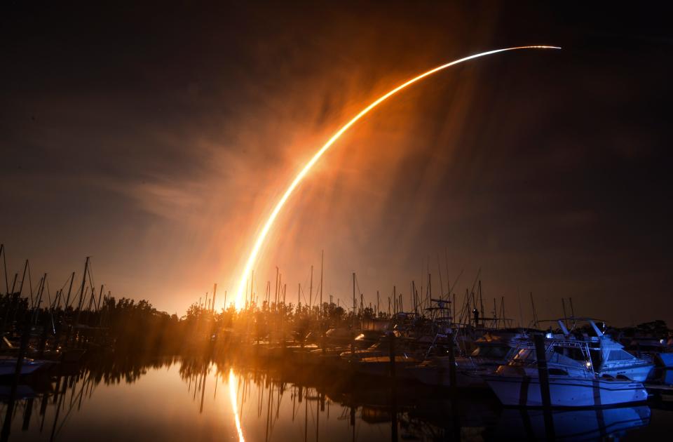 Launch of the maiden voyage of NASA's Space Launch System rocket. The Artemis I mission launched at 1:47 a.m. Wednesday morning November 16 from Kennedy Space Center's Launch Pad 39B. The launch is viewed here from Harbortown Marina on Merritt Island.