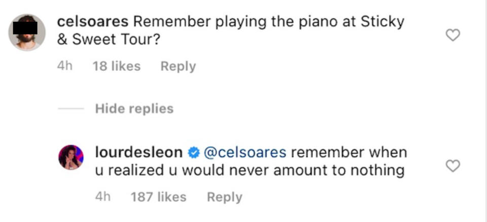 The commenter had only asked "Remember playing the piano at Sticky & Sweet Tour" before getting dragged by Madonna's daughter