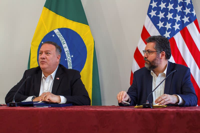 U.S. Secretary of State Mike Pompeo and Brazil's Foreign Minister Ernesto Araujo attend a news conference in Boa Vista, Roraima state