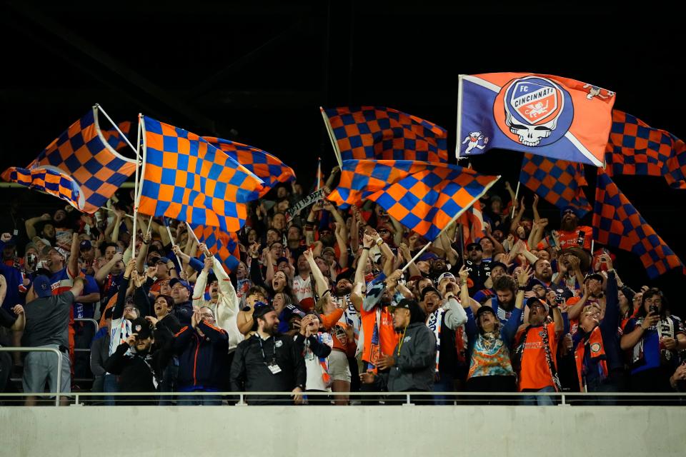 FC Cincinnati supporters cheer a goal by midfielder Luciano Acosta during the second half of Saturday night's 2-1 victory over the Columbus Crew at Lower.com Field. FCC gets right back to work with a home match Wednesday against Atlanta United.