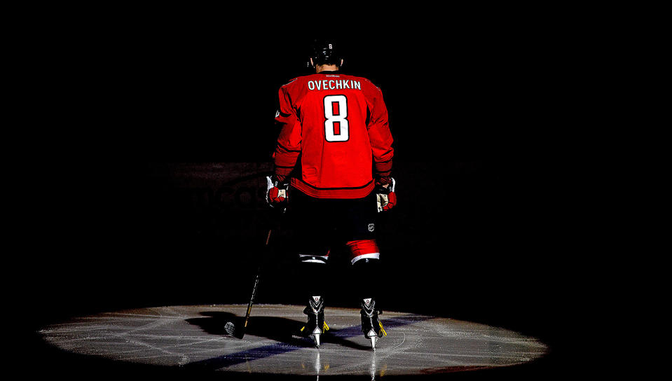 <p>Alex Ovechkin #8 of the Washington Capitals is introduced against the Dallas Stars during an NHL game at Verizon Center on April 1, 2014 in Washington, DC. The Dallas Stars won, 5-0. (Photo by Patrick Smith/Getty Images) </p>