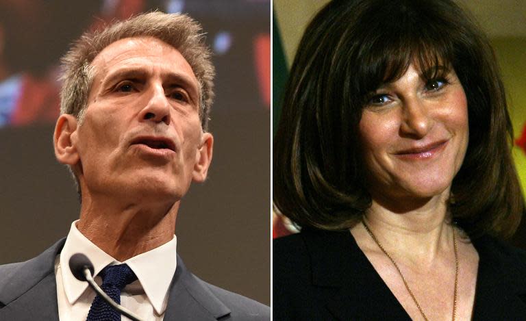 This combination of file images shows Sony Pictures Entertainment chiefs Michael Lynton (November 18, 2014 in Tokyo) and Amy Pascal (March 6, 2007 in Beverly Hills California)