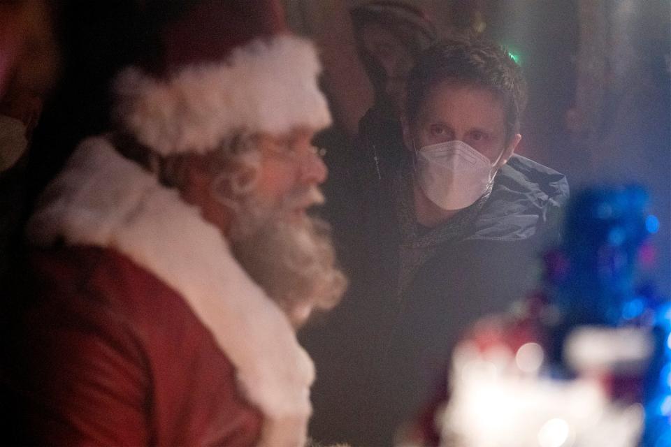 David Harbour and director Tommy Wirkola on the set of "Violent Night."