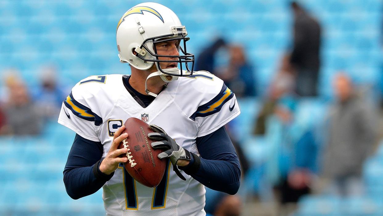 CHARLOTTE, NC - DECEMBER 11:  Philip Rivers #17 of the San Diego Chargers throws a pass during pregame warm ups against the Carolina Panthers at Bank of America Stadium on December 11, 2016 in Charlotte, North Carolina.