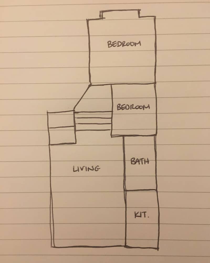 Hand drawn floor plan of two bedroom home.