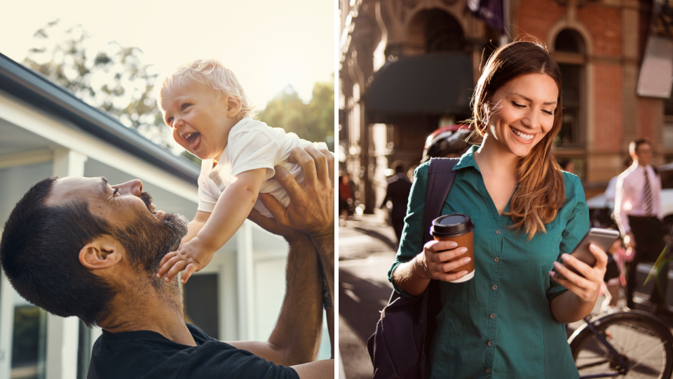 Composite image of a man on parental leave at home with a baby boy, and a woman smiling on her way to work.