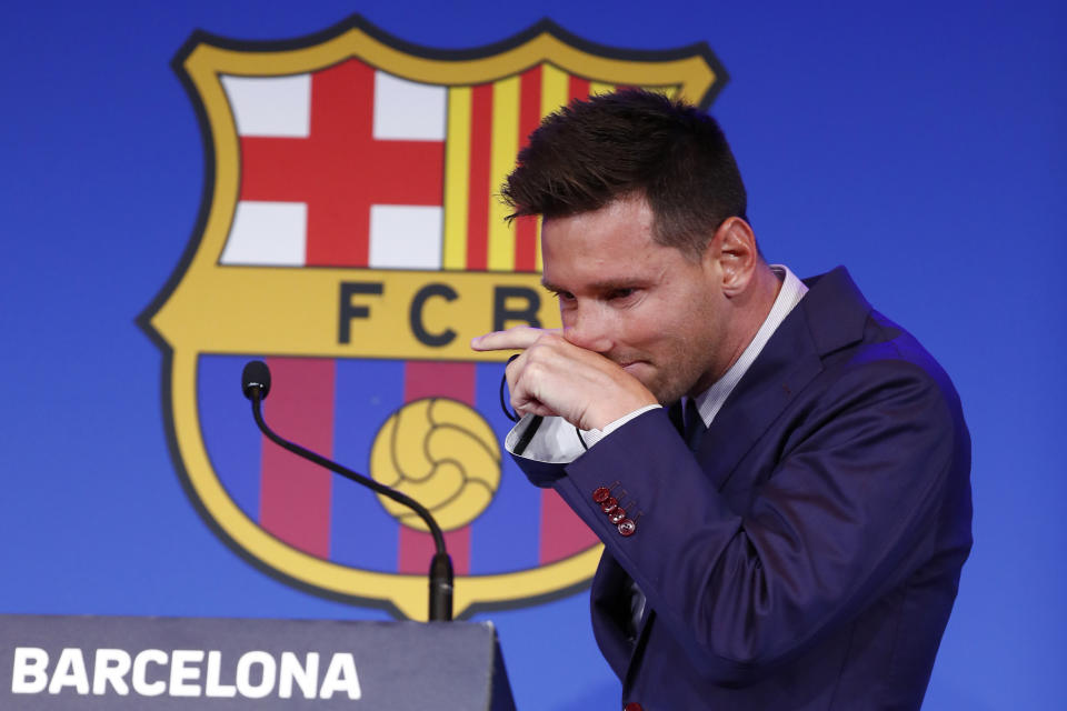 Lionel Messi arrives to give a press conference at the Camp Nou stadium in Barcelona, Spain, Sunday, Aug. 8, 2021. FC Barcelona had previously announced the negotiations with Lionel Messi had ended and that Messi would be leaving the club. (AP Photo/Joan Monfort)