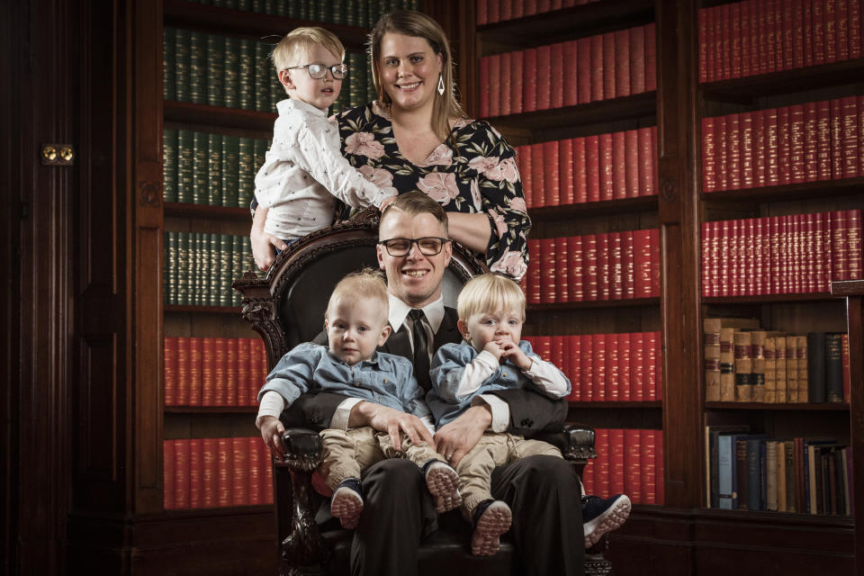 Portrait of 2019 YMCA Father of the Year Christopher Youngman with his wife Alana and sons Ethan (4), Lucas and Noah (2) after receiving his award at Melbourne Town Hall. Photograph by Chris Hopkins for YMCA Victoria