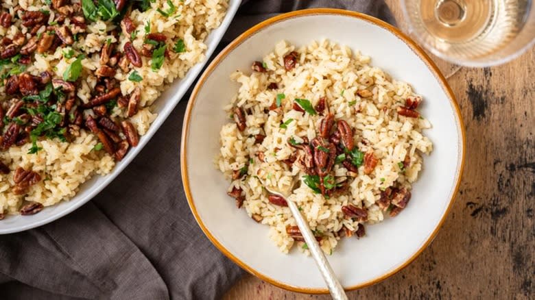 Rice pilaf in white bowl