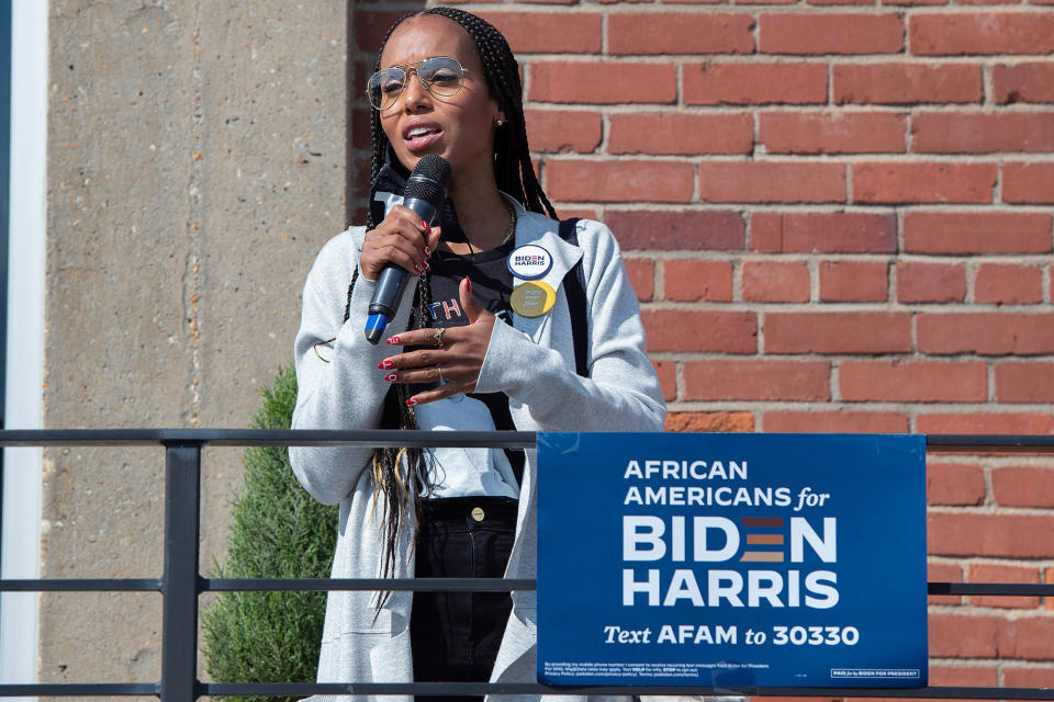 <p>Kerry Washington spoke at an early vote mobilization event in Durham, North Carolina.</p>