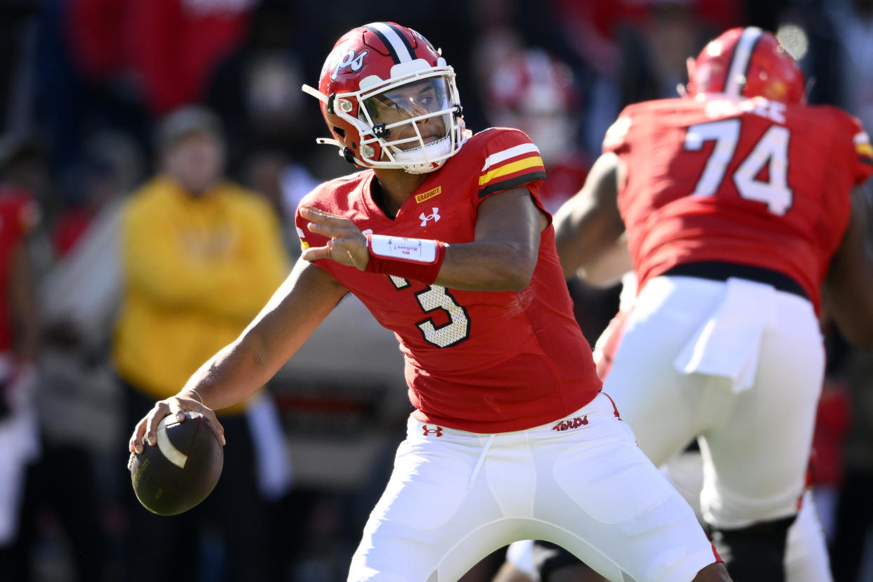 Maryland quarterback Taulia Tagovailoa (3) in action during the first half of an NCAA college football game against Michigan, Saturday, Nov. 18, 2023, in College Park, Md. (AP Photo/Nick Wass)