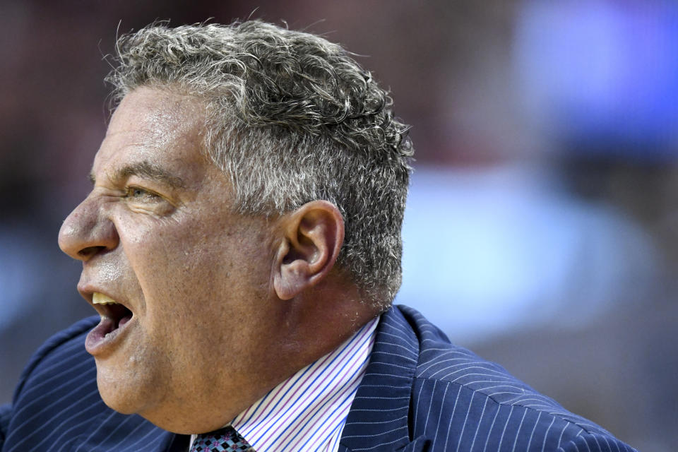 Auburn head coach Bruce Pearl talks to the team from the sidelines during the first half of an NCAA college basketball game against Lipscomb Sunday, Dec. 29, 2019, in Auburn, Ala. (AP Photo/Julie Bennett)
