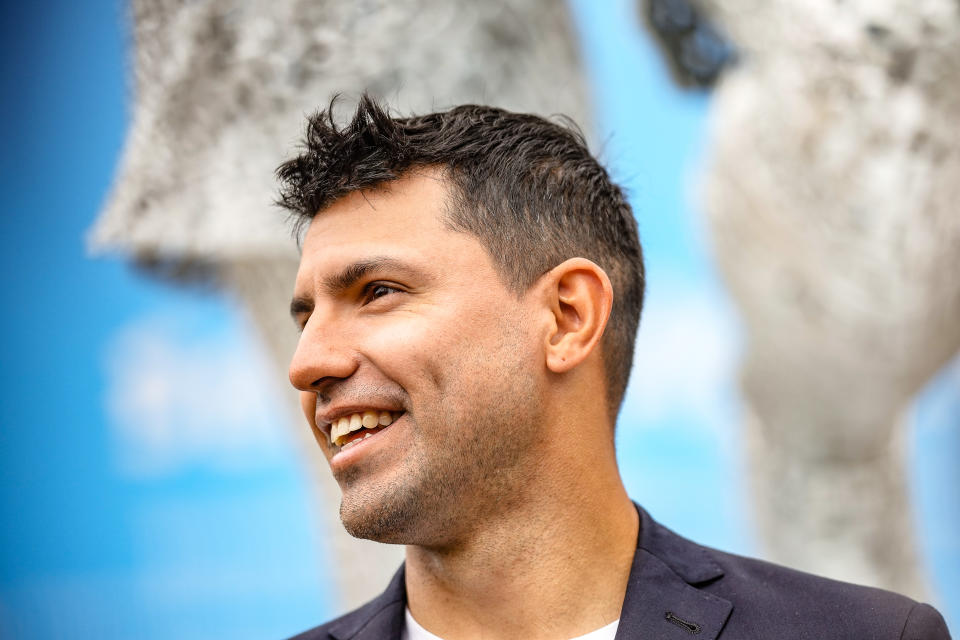 MANCHESTER, ENGLAND - MAY 13: Ex Manchester City player Sergio Aguero views his statue unveiling at the Etihad Stadium on May 13, 2022 in Manchester, England. (Photo by Tom Flathers/Manchester City FC via Getty Images)