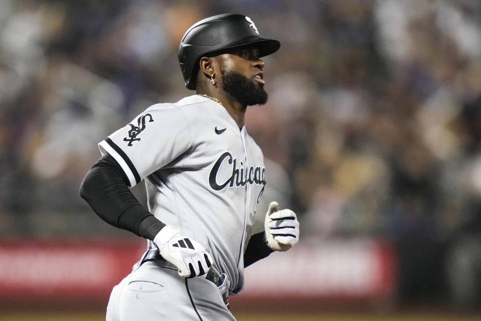 Chicago White Sox's Luis Robert Jr. runs the bases after hitting a home run against the New York Mets during the seventh inning of a baseball game Wednesday, July 19, 2023, in New York. (AP Photo/Frank Franklin II)