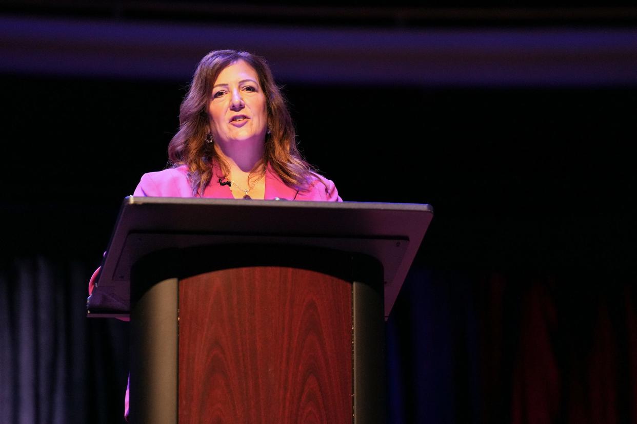 Sue Finkam, Republican candidate for Carmel mayor, speaks during a debate Monday, Oct. 2, 2023, at the Palladium in Carmel, Ind.