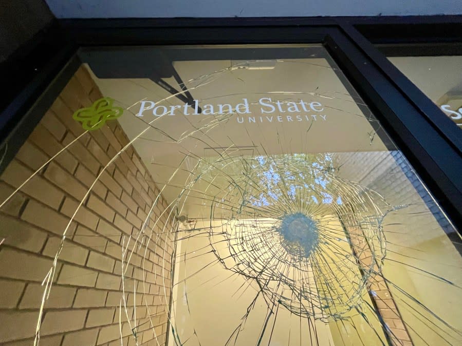 Broken window at PSU Campus Safety Office (KOIN)