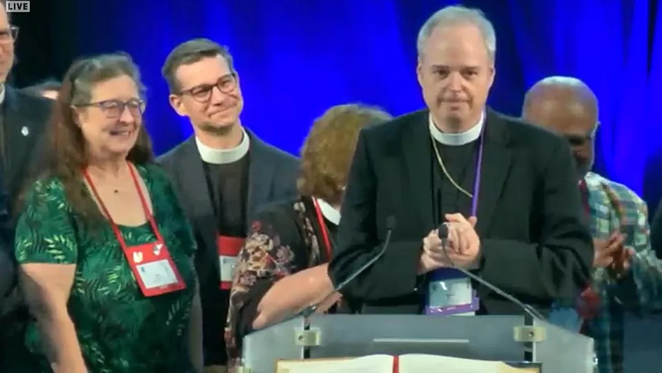 The Rt. Rev. Sean Rowe, bishop of the Episcopal Diocese of Northwestern Pennsylvania, addresses the Episcopal Church's House of Deputies after being elected as the Episcopal Church's next presiding bishop, in this screenshot taken during a June 26, 2024, livestream.