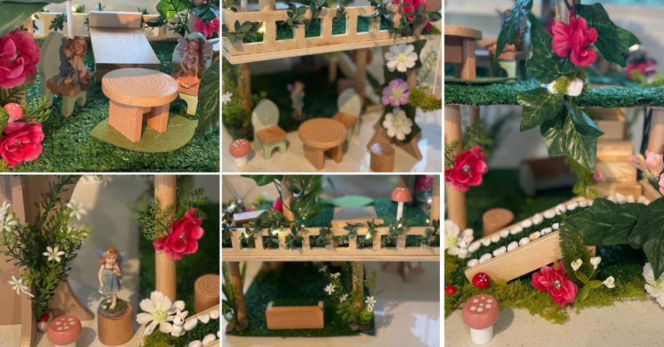 A series of photos showing how Jade transformed the simple wooden tree house pieces into a magical land by adding faux red and white flowers, grass, plants and leaves, painting mushrooms and adding pebbles and painted figurines.