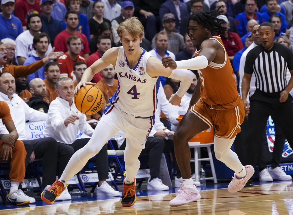 Kansas' Gradey Dick drives against Texas during the first half at Allen Fieldhouse in Lawrence, Kansas, on Feb. 6, 2023. (Jay Biggerstaff/Getty Images)