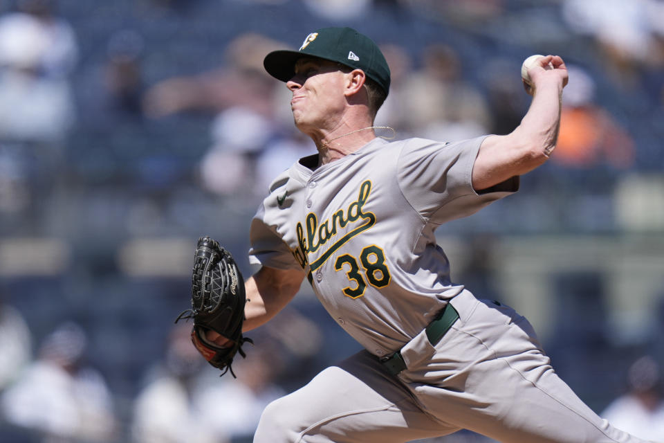 Oakland Athletics pitcher JP Sears throws during the first inning of the baseball game against the New York Yankees at Yankee Stadium Monday, April 22, 2024, in New York. (AP Photo/Seth Wenig)