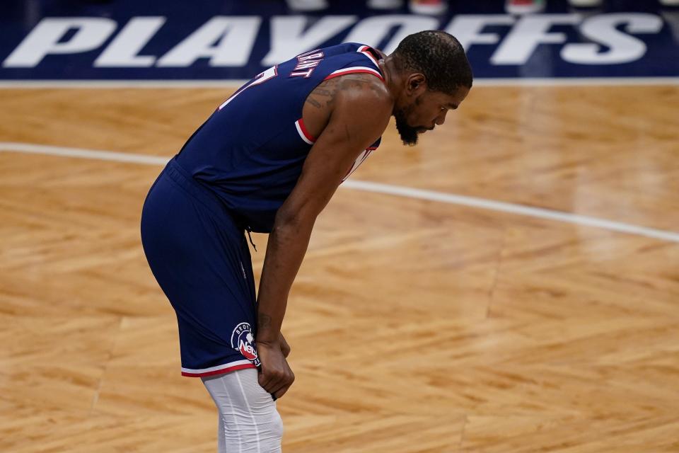 Brooklyn Nets forward Kevin Durant (7) waits for play to resume as his team trails during the first half of Game 4 of an NBA basketball first-round playoff series against the Boston Celtics, Monday, April 25, 2022, in New York.