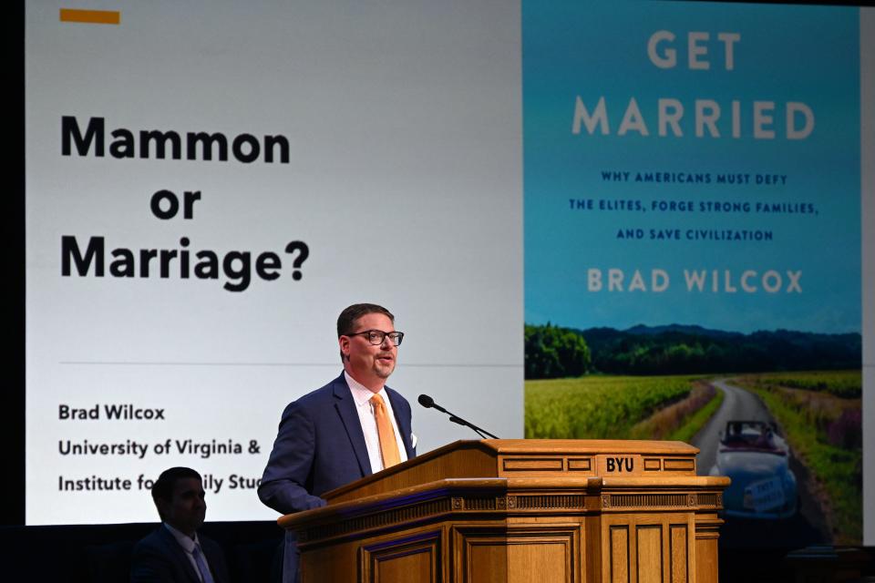 Brad Wilcox, a professor of sociology and the director of the National Marriage Project at the University of Virginia, a senior fellow at the Institute for Family Studies and a nonresident senior fellow at the American Enterprise Institute, speaks at a BYU Forum in Provo on Tuesday, Nov. 28, 2023. | Scott G Winterton, Deseret News