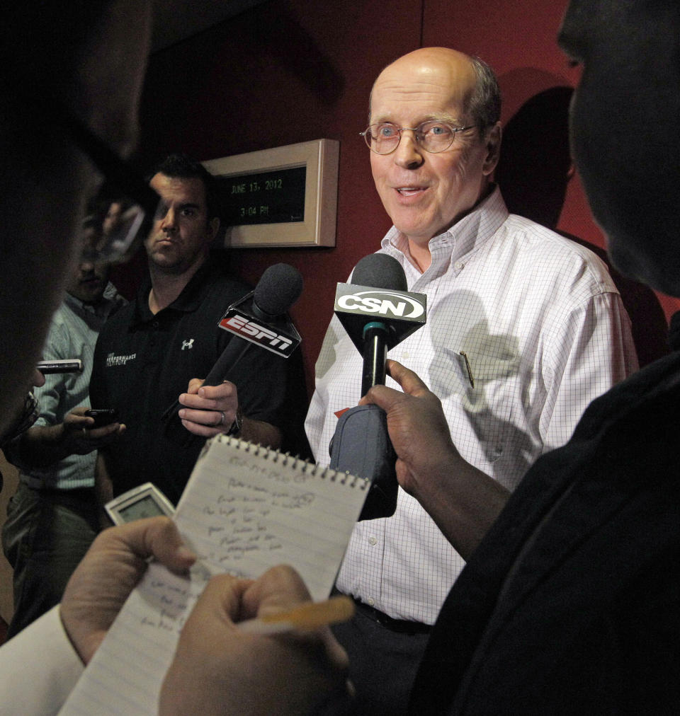 Bowl Championship Series Director Bill Hancock speaks during a news conference after a meeting of the BCS commissioners, Wednesday, June 13, 2012, in Chicago as they try to decide on a new format for the BCS series. Hancock said the group continues to make progress in the discussion of the future of college football's post-season. (AP Photo/M. Spencer Green)