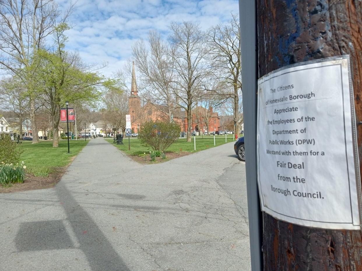 This poster was found stapled to a utility pole at the corner of 9th and Court Streets, Honesdale, at Central Park on April 26, 2024. Posted anonymously, the sign calls for a fair deal from borough council for the Department of Public Works.