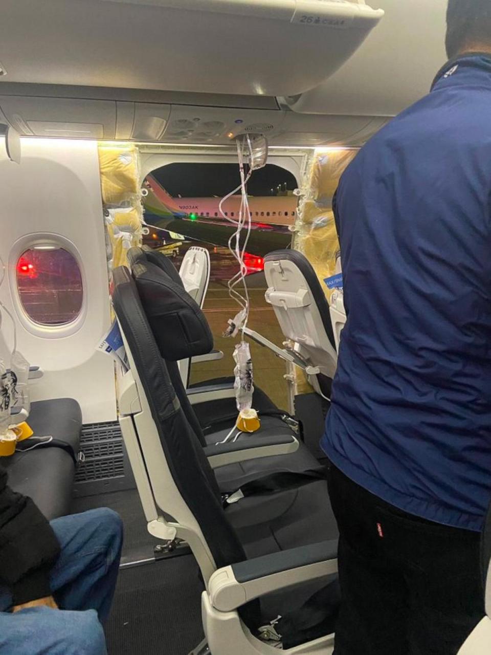 PHOTO: A photo of damage to a Boeing airplane taken by Kyle Rinker, a passenger on Alaska Airlines Flight 1282, which made an emergency landing in Portland, Oregon, on Friday, Jan. 5, 2024.  (Kyle Rinker via X)