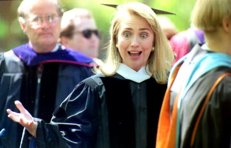 Hillary Clinton, a 1969 graduate of Wellesley College, greets friends in the faculty before joining the academic procession to the commencement exercises where she was the keynote speaker on May 29, 1992