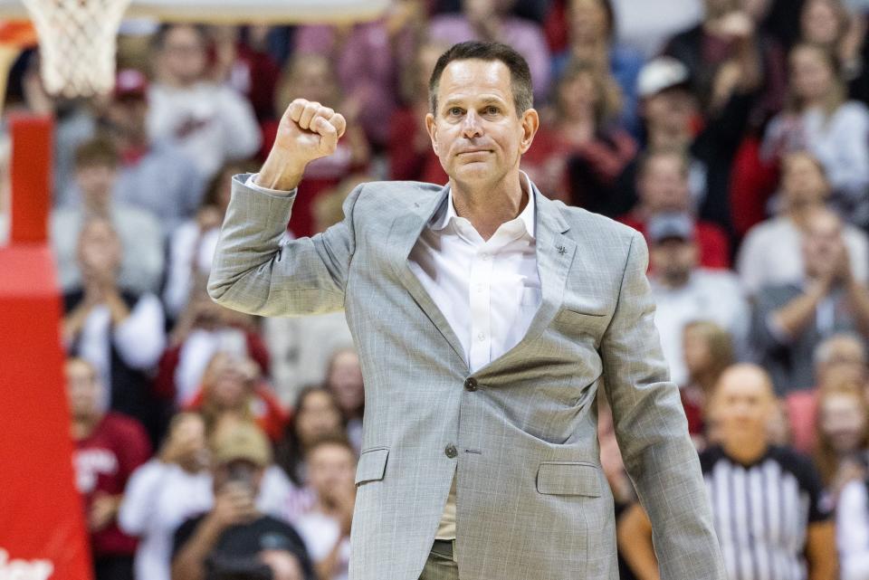 Indiana Hoosiers new head football coach Curt Cignetti is introduced in the first half against the Maryland Terrapins at Simon Skjodt Assembly Hall, Dec. 1, 2023.