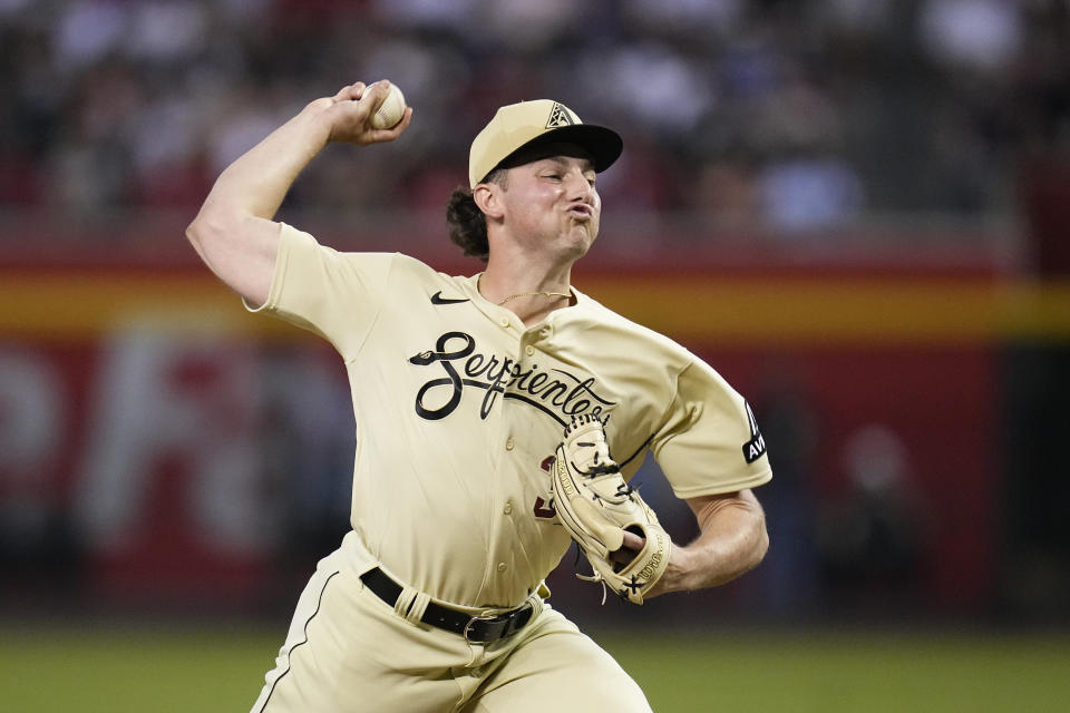 Arizona Diamondbacks starting pitcher Brandon Pfaadt throws to a Boston Red Sox batter during the first inning of a baseball game Friday, May 26, 2023, in Phoenix. (AP Photo/Ross D. Franklin)