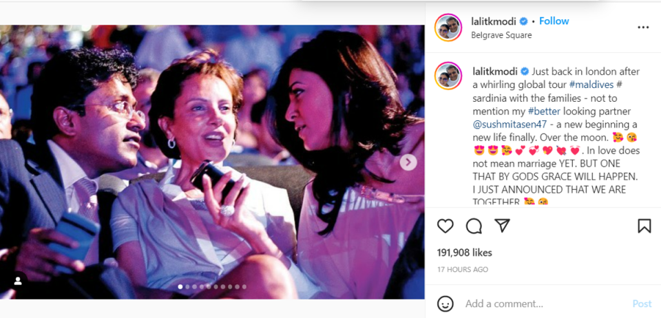 Lalit Modi announces he’s dating former Miss Universe Sushmita Sen (Instagram @lalitkmodi)