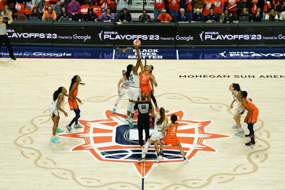 Sep 29, 2023; Uncasville, Connecticut, USA; The Connecticut Sun and New York Liberty tip-off to start game three of the 2023 WNBA Playoffs at Mohegan Sun Arena. Mandatory Credit: David Butler II-USA TODAY Sports