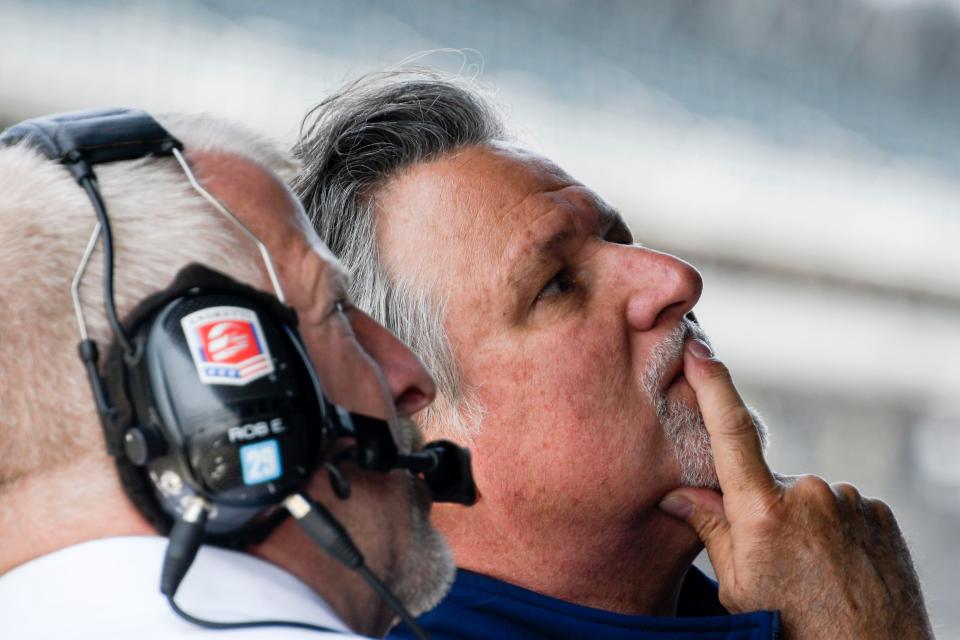 Michael Andretti watches a screen in the pit box Wednesday, May 17, 2023, during the second day of practice for the Indianapolis 500 at Indianapolis Motor Speedway. 