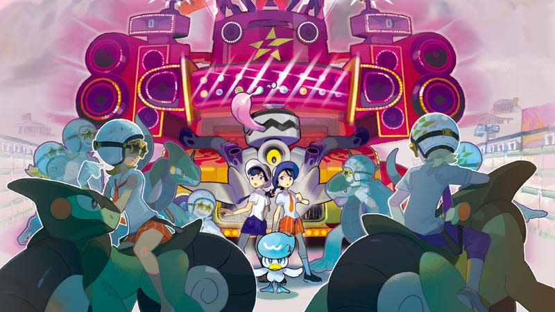 Art of two Pokémon trainers surrounded by Team Star members is shown, with a Quaxly standing between them and the group.