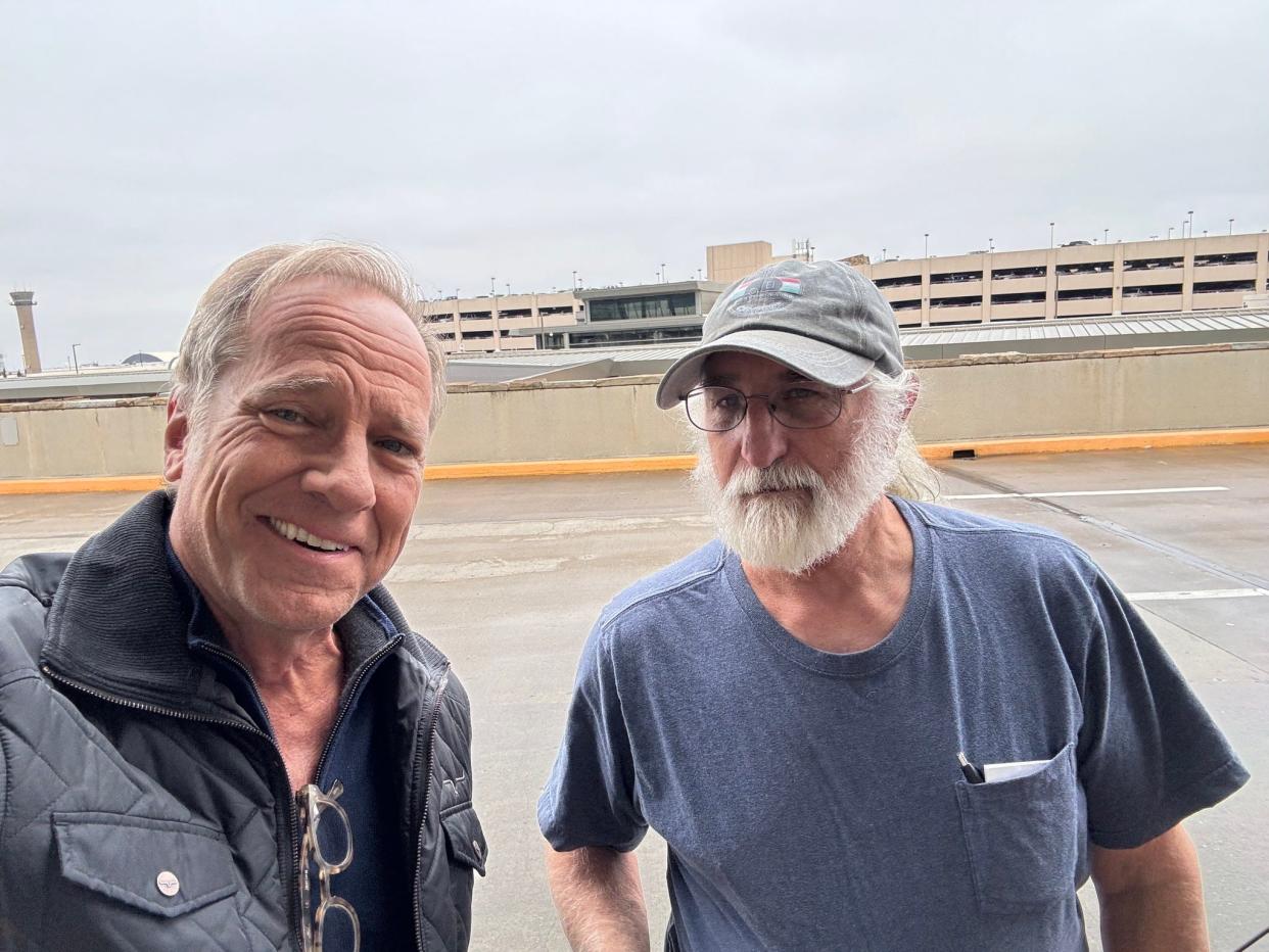 Mike Rowe, left, star of "Dirty Jobs" took a Lyft ride from Oklahoma carpenter and custom camper builder Mike Morse.
