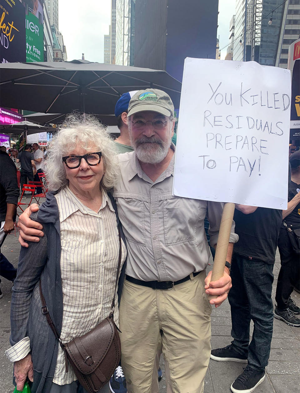 Mandy Patinkin and wife Kathryn Grody at the Broadway-themed WGA rally in Times Square