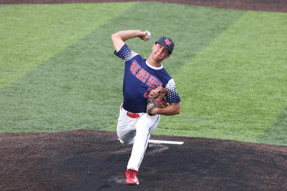 Blue River's Garrett Grim pitching in the team's regional championship game against Wes-Del at Oak Hill High School on Saturday, June 3, 2023.