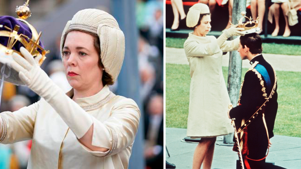 The Crown's Olivia Colman at Charles' investiture mirrors Queen Elizabeth in 1969.