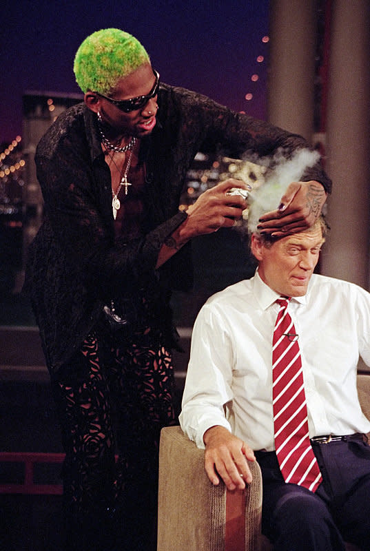 Dennis Rodman gives Dave a new look on "The Late Show with David Letterman," August 20, 1996 on the CBS Television Network. Photo: Alan Singer/CBS ©1996 CBS Broadcasting Inc. 