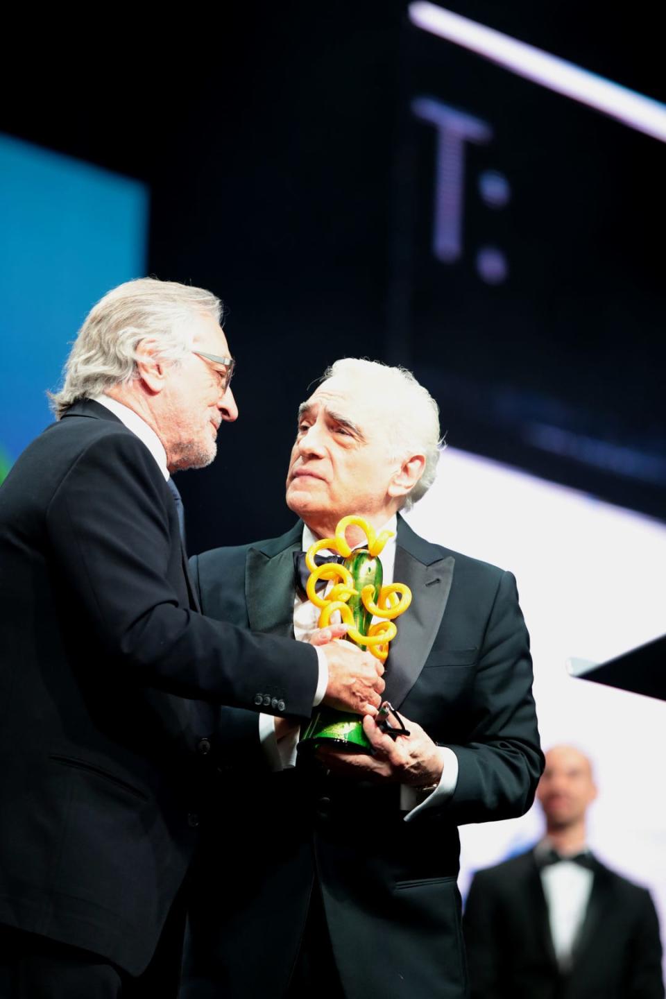 Martin Scorsese receives the Sonny Bono Visionary Award from actor and longtime collaborator Robert De Niro on Jan. 2, 2020, during the Film Awards Gala at the 31st annual Palm Springs International Film Festival.