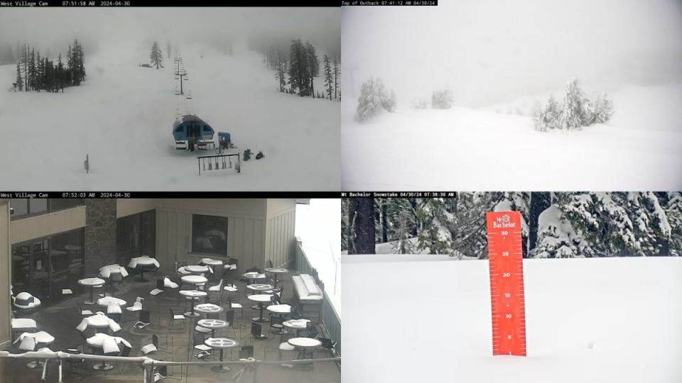 <em>All images pulled from Mt. Bachelor Webcams at ~7:30AM PT: Base of Pine Marten (Top Left), Top of Outback (Top Right), Clearing Rock Patio Bar (Bottom Left), Snow Stake (Bottom Right)</em><p><a href="https://www.mtbachelor.com/the-mountain/webcams/mountain" rel="nofollow noopener" target="_blank" data-ylk="slk:Mt. Bachelor;elm:context_link;itc:0;sec:content-canvas" class="link ">Mt. Bachelor</a></p>