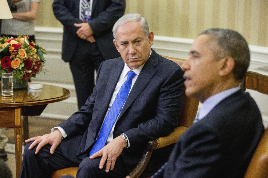 FILE -- In this Nov. 9, 2015 file photo, President Barack Obama meets with Israeli Prime Minister Benjamin Netanyahu in the Oval Office of the White House in Washington. Doubling down on its public break with the Obama administration, a furious Israeli government said, Tuesday, Dec. 27, 2016, that it has "ironclad" information from Arab sources that Washington actively helped craft last week's U.N. resolution declaring Israeli settlements illegal. The allegations further poison the increasingly toxic atmosphere between Israel and the outgoing Obama administration in the wake of Friday's vote, and raise questions about whether the White House might take further action. (AP Photo/Andrew Harnik, File)