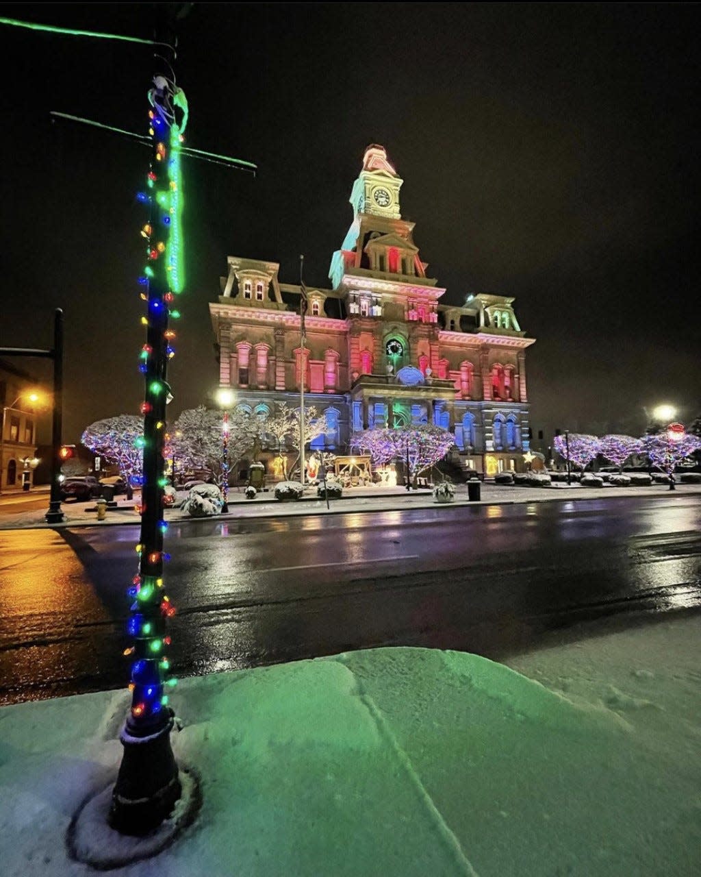 The Muskingum County Courthouse is brightly decorated for Christmas.