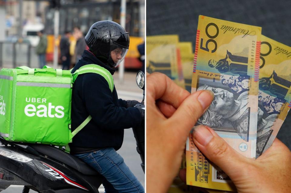 Compilation image of Uber Eats delivery driver and money to represent spending.