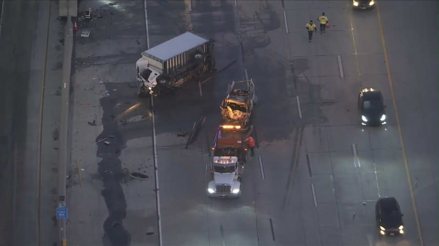 Fiery crash snarls traffic on 5 Freeway near Los Angeles-Orange County line 