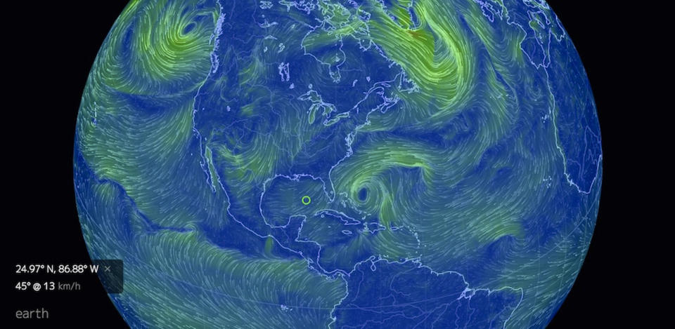 A stunning visualization of the flow of wind and weather patterns across the globe. <cite>Cameron Beccario, <span>earth.nullschool.net</span></cite>