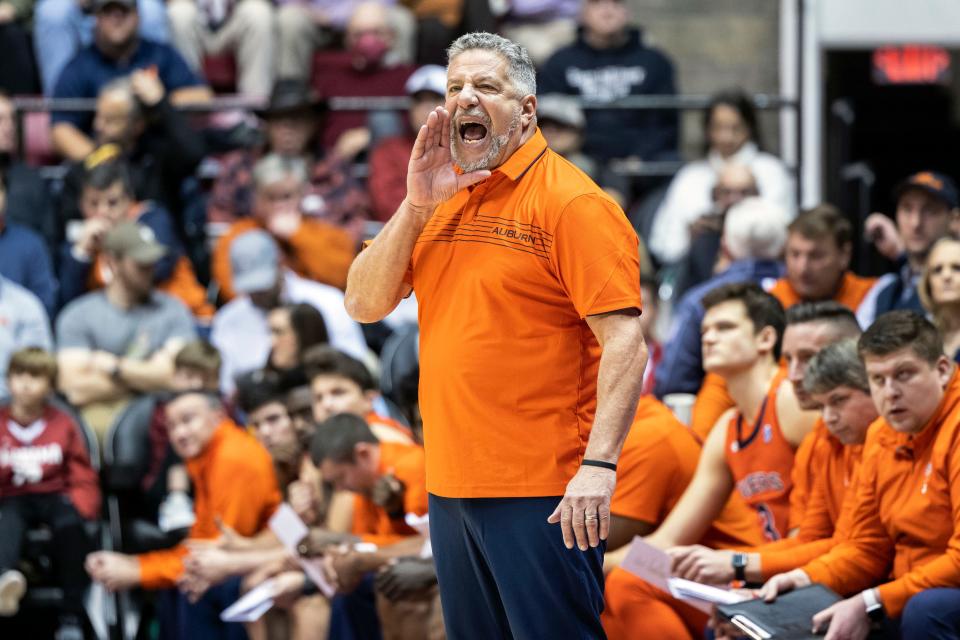 Auburn head coach Bruce Pearl yells to his players during the first half of an NCAA college basketball game against Alabama, Tuesday, Jan. 11, 2022, in Tuscaloosa, Ala. (AP Photo/Vasha Hunt)