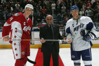 <p>WORST: The front of the 2008 NHL All-Star Game jersey is actually pretty good, but whatever's happening down the side is … well, it's a mess. In this photo, NHL trailblazer Willie O’Ree poses with Eastern Conference all-star Vincent Lecavalier of of the Tampa Bay Lightning and Western Conference all-star Jarome Iginla of the Calgary Flames at Philips Arena in Atlanta. (Getty Images) </p>